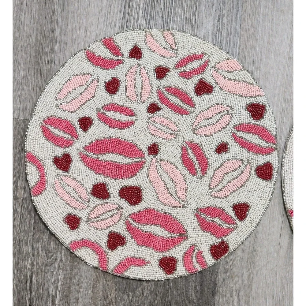 Valentines Day Pink Red‎ Lips Heart Beaded Placemat Charger Placemats 2 Pc 15